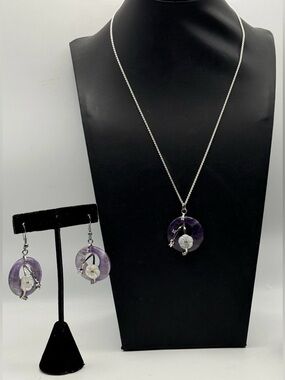 Amethyst Necklace & Earrings Sterling Silver Jewelry Set Flower Boho Natural